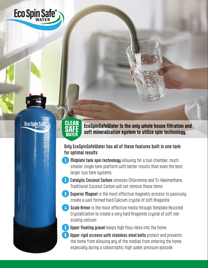 FASM whole-home filtration and soft mineralization system overview with faucet and product tank