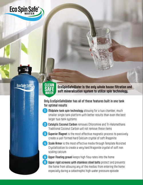 FASM whole-home filtration and soft mineralization system overview with faucet and product tank